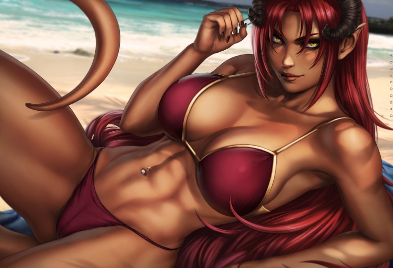 beach bikini breasts cleavage clothed clothing dark_body dark_skin female hair horn humanoid_pointy_ears long_hair navel navel_piercing not_furry photo_background piercing pointy_ears red_hair seaside solo swimwear two-piece_swimsuit water yellow_eyes dandon_fuga demon humanoid mammal photography_(artwork)