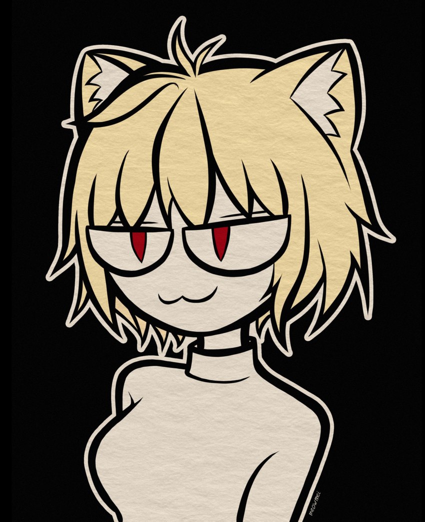 :3 animal_ears black_background blonde_hair clothing female hair light_body light_skin noseless outline red_eyes short_hair simple_background solo style_emulation text topwear white_clothing white_outline white_topwear meowmei the_coffin_of_andy_and_leyley tsukihime type-moon ashley_graves neco-arc animal_humanoid cat_humanoid felid felid_humanoid feline feline_humanoid humanoid mammal mammal_humanoid 2023 artist_name flat_colors half-length_portrait hi_res portrait