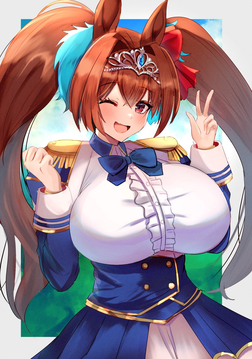 big_breasts breasts brown_hair clothed clothing female gesture hair hand_gesture huge_breasts looking_at_viewer one_eye_closed solo v_sign wink macwall_e cygames uma_musume_pretty_derby daiwa_scarlet_(pretty_derby) animal_humanoid equid equid_humanoid equine equine_humanoid humanoid mammal mammal_humanoid hi_res