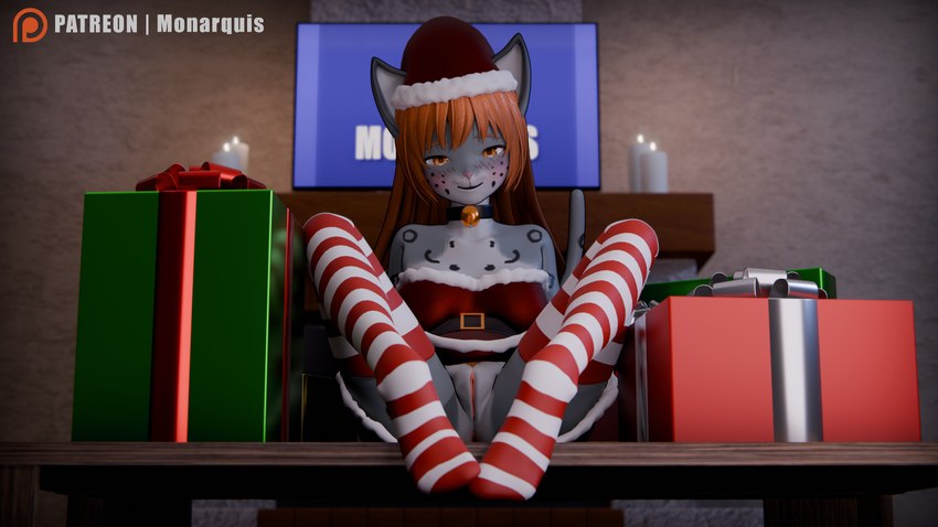 anthro christmas_clothing christmas_decorations clothing female footwear genitals holidays pubes pussy socks solo monarquis christmas momo_(monarquis) felid mammal pantherine snow_leopard 16:9 3d_(artwork) 4k absurd_res digital_media_(artwork) hi_res widescreen