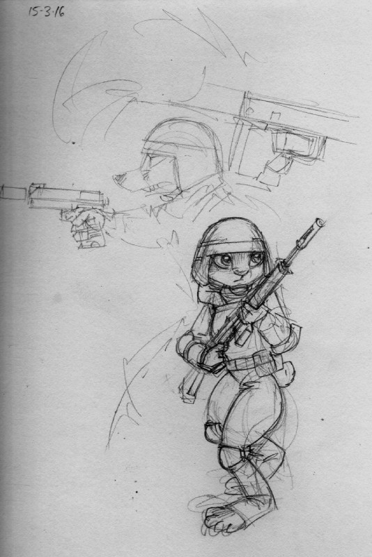 anthro armor assault_rifle battle clothing duo female gauss_rifle gun humor military ranged_weapon rifle science_fiction solo_focus uniform weapon avoid_posting steve_gallacci disney starship_troopers zootopia judy_hopps lagomorph leporid mammal rabbit 2016 comic crossover graphite_(artwork) hi_res monochrome sketch traditional_media_(artwork)