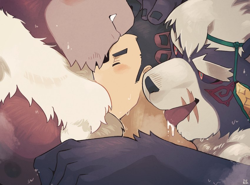 anthro black_body black_fur black_sclera blush bodily_fluids brown_body brown_fur eyebrows fluffy fluffy_chest fur group group_sex licking male male/male manwiched neck_lick nipples pecs sex sweat thick_eyebrows threesome tongue trio sawch_cls lifewonders tokyo_afterschool_summoners jock_protagonist_(tas) kimun_kamui_(tas) protagonist_(tas) wen_kamui_(tas) bear human mammal hi_res