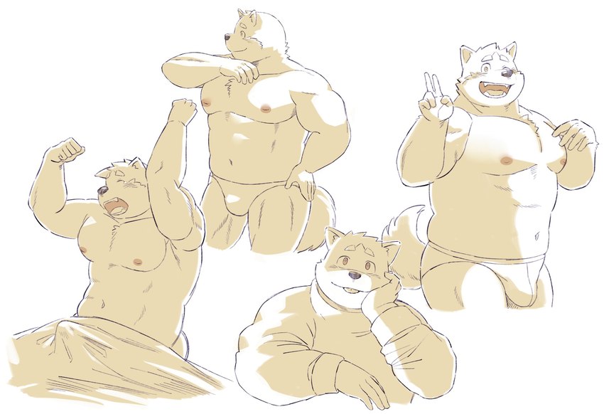 anthro briefs bulge clothing erection eyes_closed humanoid_hands kemono male morning_wood musclegut muscular nipples simple_background solo underwear white_background sv_grart canid canine canis domestic_dog mammal 2021 hi_res