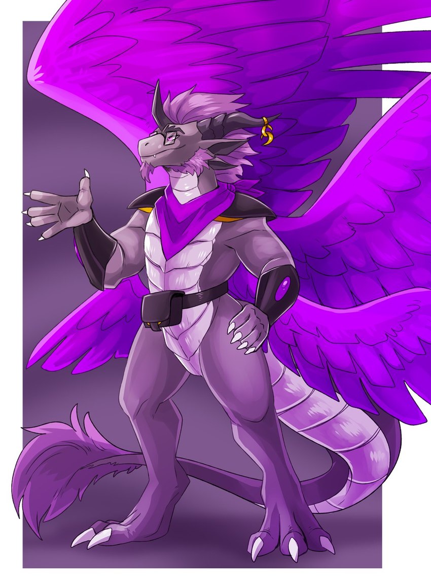 anthro feathers featureless_crotch grey_body grey_horn hair hand_on_hip horn kerchief male mostly_nude mouth_closed neckerchief neckwear pink_body pink_eyes pink_feathers pink_hair pink_wings purple_body purple_feathers purple_kerchief purple_neckerchief purple_tail purple_wings scales solo standing tail tail_tuft tuft white_body white_scales wings imperatorcaesar mythology dragon mythological_creature mythological_scalie scalie full-length_portrait hi_res portrait