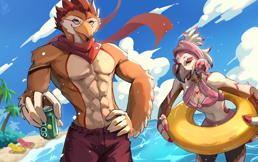 abs anthro beach beak beverage_can bikini breasts brown_body brown_feathers clothing cloud collar duo feathers female gold_(metal) gold_jewelry hand_on_hip jewelry male non-mammal_breasts one_eye_closed orange_body orange_feathers palm_tree pecs pink_clothing plant sand scarf sea seaside sky summer swimming_trunks swimwear tree two-piece_swimsuit water white_body white_feathers wink lokyu nintendo the_legend_of_zelda colette_(rito) zane_(rito) accipitriform avian bird floater osprey rito hi_res