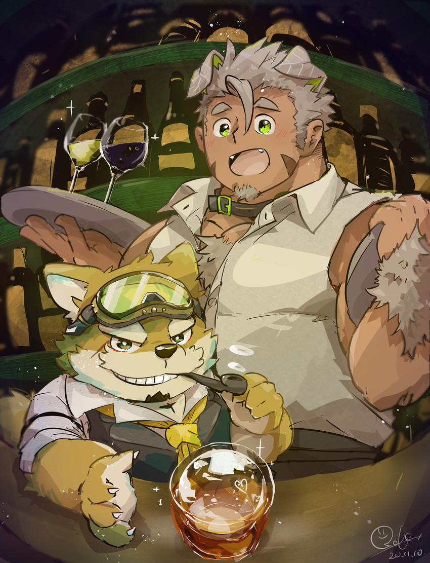 alcohol anthro bartender beverage collar duo eyewear fur goggles male muscular muscular_male necktie pipe short_stack smoking yellow_body yellow_fur raferafe lifewonders live_a_hero gomeisa procy canid canine canis domestic_dog mammal absurd_res hi_res