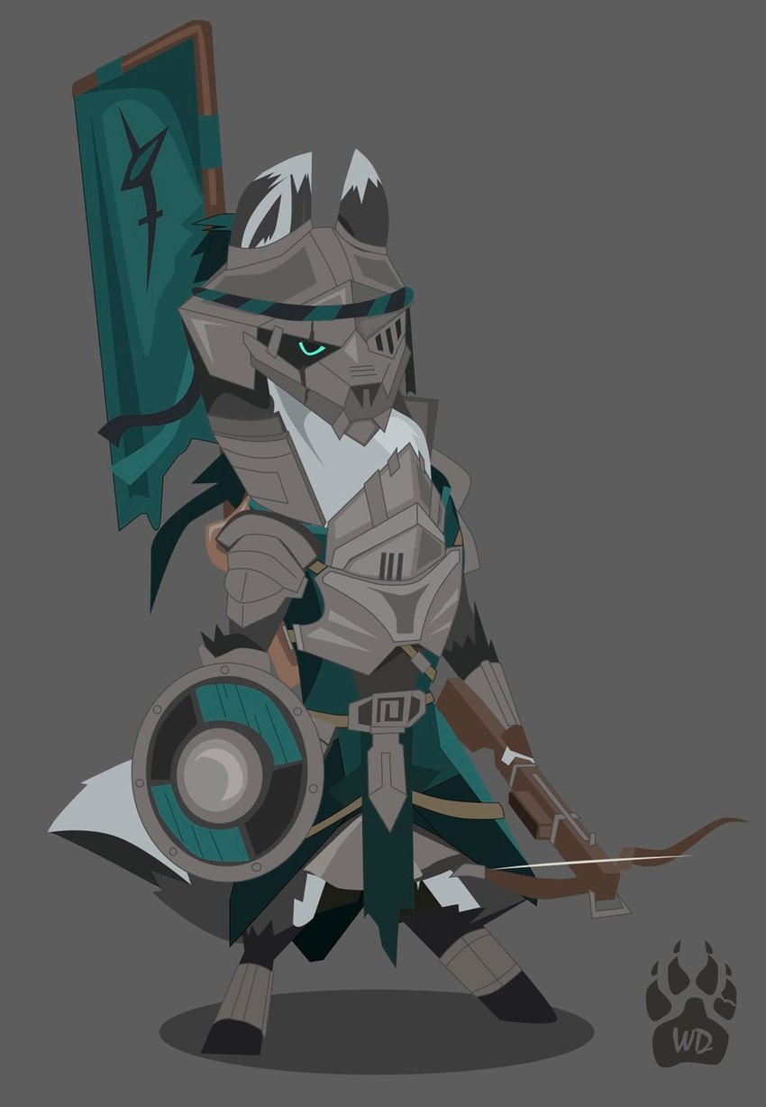 ambiguous_gender anthro armor banner biped buckler clothed clothing crossbow fully_clothed grey_background headgear helmet ranged_weapon shield simple_background solo standing weapon wolfdawg canid canine mammal hi_res