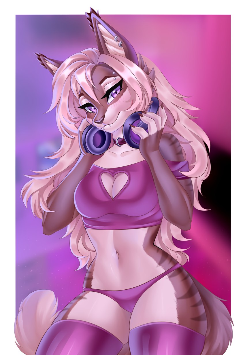 anthro biped blonde_hair blurred_background breasts brown_body brown_fur cleavage cleavage_cutout clothed clothing collar countershade_face countershade_fur countershade_torso countershading cutout ear_piercing ear_ring electronics eyebrow_piercing eyelashes facial_piercing female footwear fur hair headphones headphones_around_neck inner_ear_fluff legwear long_hair looking_at_viewer markings navel panties piercing pink_clothing pink_footwear pink_legwear pink_panties pink_socks pink_thigh_highs pink_thigh_socks pink_topwear pink_underwear purple_eyes ring_piercing socks solo standing striped_markings stripes tan_body tan_fur thigh_highs thigh_socks topwear tuft underwear mayrin_(artist) rachel_(mayrin) felid feline lynx mammal 2022 absurd_res digital_media_(artwork) hi_res portrait shaded three-quarter_portrait