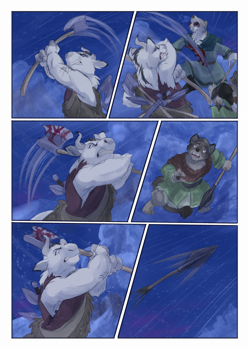 ambiguous_gender angry anthro arrow_(weapon) axe biped blood bodily_fluids broken_horn clenched_teeth clothed clothing death fight fingers fur grey_body grey_fur grey_tail group hooved_fingers hooves horn killing male melee_weapon night open_mouth outside polearm ranged_weapon sky snow spear swinging_weapon tail teeth weapon white_body white_fur wind bjekkergauken the_weapon_thief aurochs bovid bovine canid canine canis mammal recently_extinct_species wolf 2025 colored comic hi_res