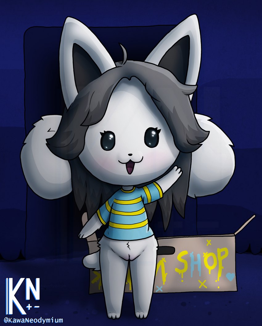 anthro bottomless box clothed clothing container female front_view fur genitals looking_at_viewer open_mouth pussy shirt solo standing topwear white_body white_fur kawaneodymium undertale undertale_(series) temmie_(undertale) mammal tem absurd_res hi_res