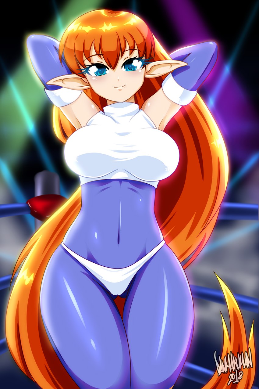 arms_above_head big_breasts blue_eyes bodysuit bra breasts brown_hair butt clothed clothing eyebrows eyelashes fangs female fighting_ring fully_clothed gloves hair handwear humanoid_pointy_ears long_hair looking_at_viewer navel neon_lights not_furry pointy_ears pose red_hair skinsuit solo spandex sports_bra spotlight teeth thong tight_clothing underwear white_bra white_clothing white_sports_bra white_thong white_underwear danmakuman galaxy_fight sunsoft roomi humanoid lutecian mammal 2019 2:3 absurd_res hi_res signature