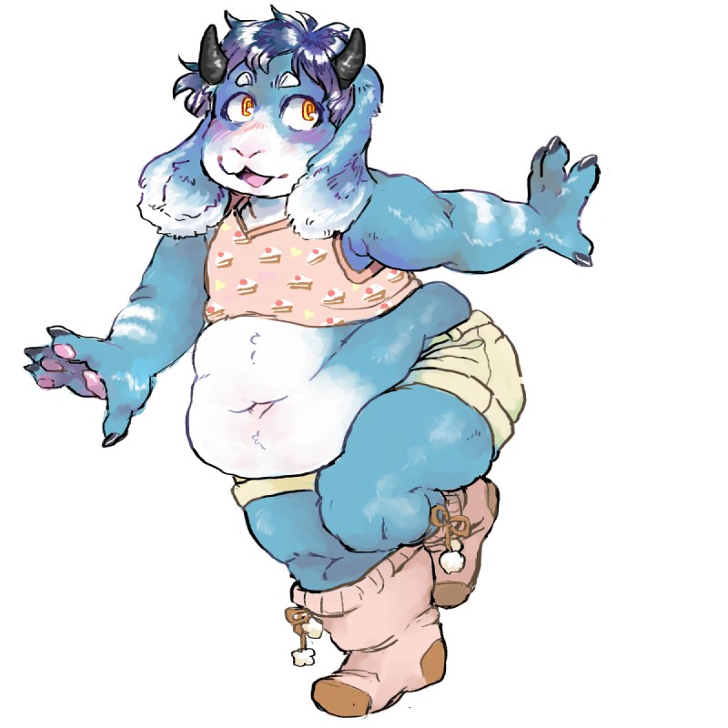 belly blush bottomwear claws clothing crop_top femboy floppy_ears footwear hair horn legwear love_handles male midriff navel overweight overweight_male pawpads shirt shorts simple_background socks solo topwear white_background vomits_(artist) byue bovid caprine goat mammal 1:1 hi_res