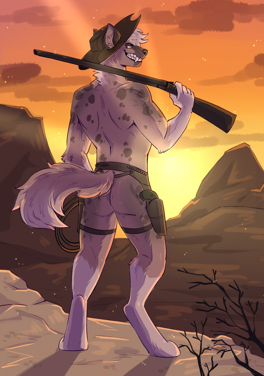 anthro clothing digitigrade gun hat headgear headwear holster lasso looking_back male mountain outside ranged_weapon rear_view shotgun solo standing weapon pur-fox hyena mammal hi_res