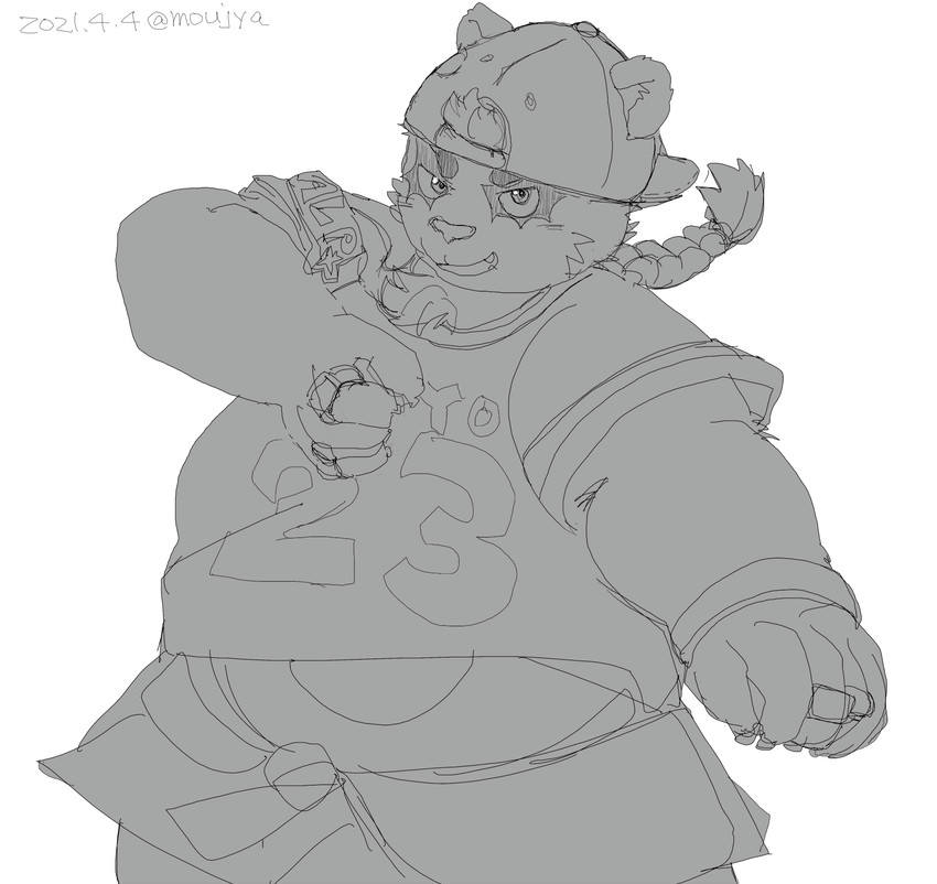 anthro clothing hat headgear headwear kemono male overweight overweight_anthro overweight_male shirt simple_background solo topwear white_background moujya lifewonders tokyo_afterschool_summoners alp_(tas) bear giant_panda mammal 2021 hi_res monochrome sketch