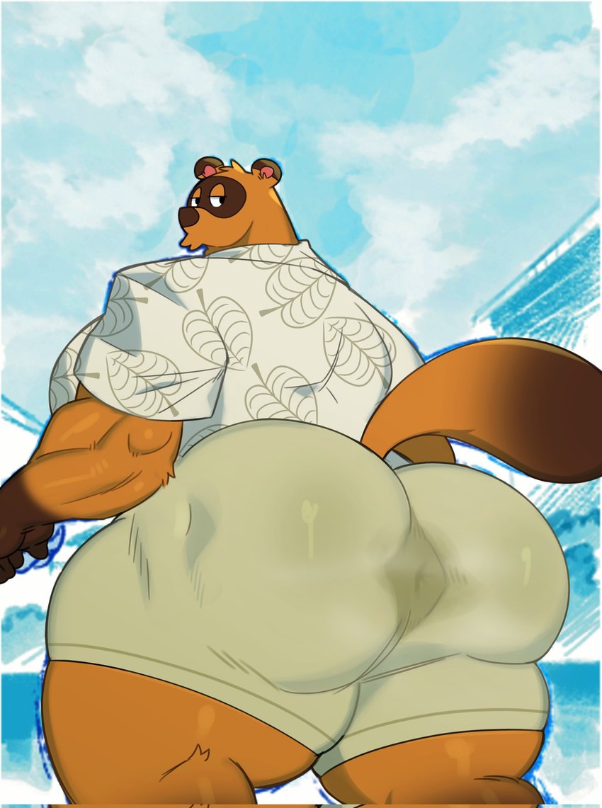 aloha_shirt anthro anus anus_outline barazoku big_butt big_muscles bodily_fluids bottomwear bubble_butt butt clothed clothing cloud day fur huge_butt huge_muscles huge_thighs looking_back male muscular muscular_anthro muscular_male narrowed_eyes outside pattern_clothing pattern_shirt pattern_topwear presenting presenting_hindquarters rear_view shirt shorts sky solo sweat sweat_stain thick_thighs tight_bottomwear tight_clothing tight_shorts topwear tuft furryonline1 meejikom animal_crossing nintendo tom_nook_(animal_crossing) canid canine mammal raccoon_dog tanuki 2024 artist_collaboration hi_res