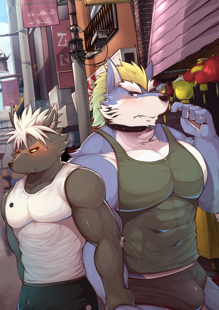 abs anthro biceps black_body black_fur blue_body blue_fur bulge clothing duo fur hand_holding male male/male muscular muscular_anthro muscular_male pecs scar shirt tank_top topwear hayatohalada lifewonders tokyo_afterschool_summoners fenrir_(tas) tadatomo_(tas) canid canine canis domestic_dog mammal wolf absurd_res hi_res