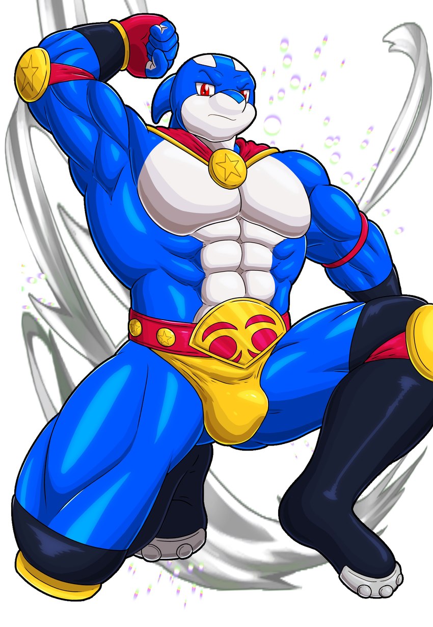 abs anthro blue_body bulge cosplay male muscular muscular_anthro muscular_male pecs red_eyes solo wrestling_briefs zazpihuts kings_of_hell cetacean dolphin mammal marine toothed_whale absurd_res hi_res