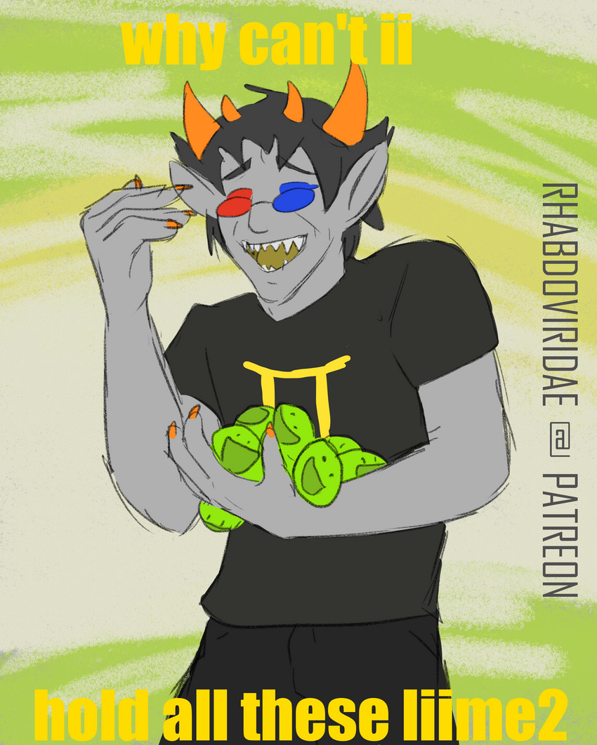 black_bottomwear black_clothing black_hair black_pants black_shirt black_topwear bottomwear clothing food fruit grey_body grey_skin hair heterochromia holding_food holding_object horn lime male orange_horn pants plant sharp_teeth shirt smile solo teeth text topwear conditional_dnp wolftacos homestuck ms_paint_adventures sollux_captor alien alien_humanoid horned_humanoid humanoid troll_(homestuck) absurd_res hi_res impact_(font) meme