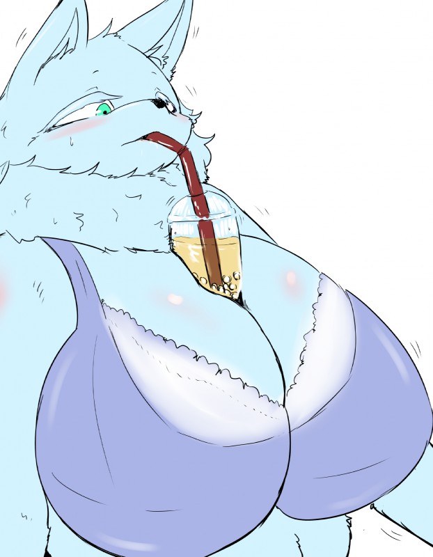 anthro beverage big_breasts blush bodily_fluids bra breasts bubble_tea cleavage clothed clothing female fur green_eyes huge_breasts kemono motion_lines object_between_breasts simple_background solo sweat underwear white_background white_body white_fur cocolog hands-free_bubble_tea roko_(cocolog) canid canine canis mammal wolf 2019 hi_res meme