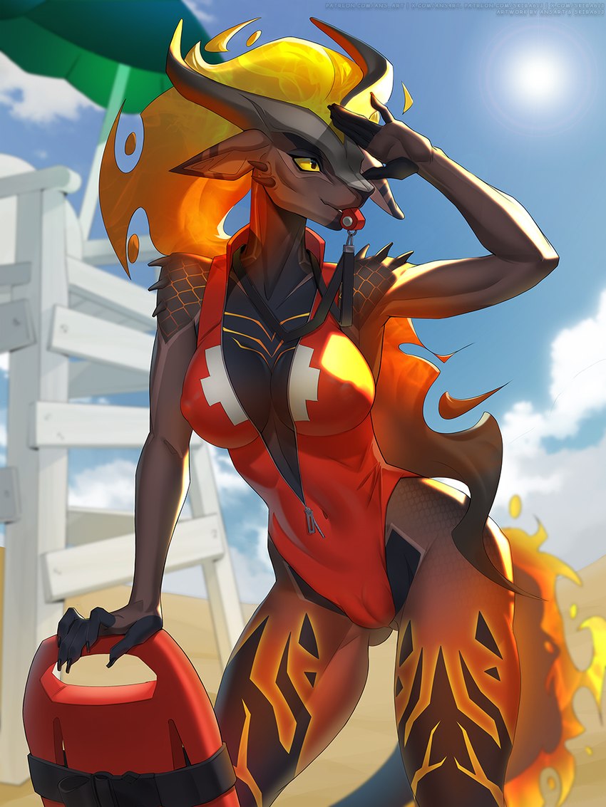 anthro athletic athletic_anthro beach black_body blonde_hair bodysuit camel_toe clothing detailed_background female fire hair horn lifeguard long_hair nipple_outline skinsuit solo tail tight_clothing yellow_eyes ansart skiba613 mythology pompeii_(timberwolfl) dragon mythological_creature mythological_scalie scalie wingless_dragon 3:4 hi_res