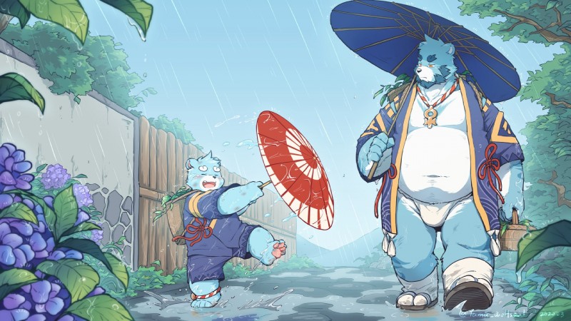 anthro asian_clothing belly blue_body blue_fur blush bulge clothing detailed_background duo east_asian_clothing eyes_closed footwear fundoshi fur humanoid_hands japanese_clothing male outside overweight overweight_male raining robe sandals shoes umbrella underwear wet white_body white_fur young young_anthro wolfsoul bonasiah full_attack sophring_hao sophring_jie bear mammal 16:9 2020 hi_res widescreen