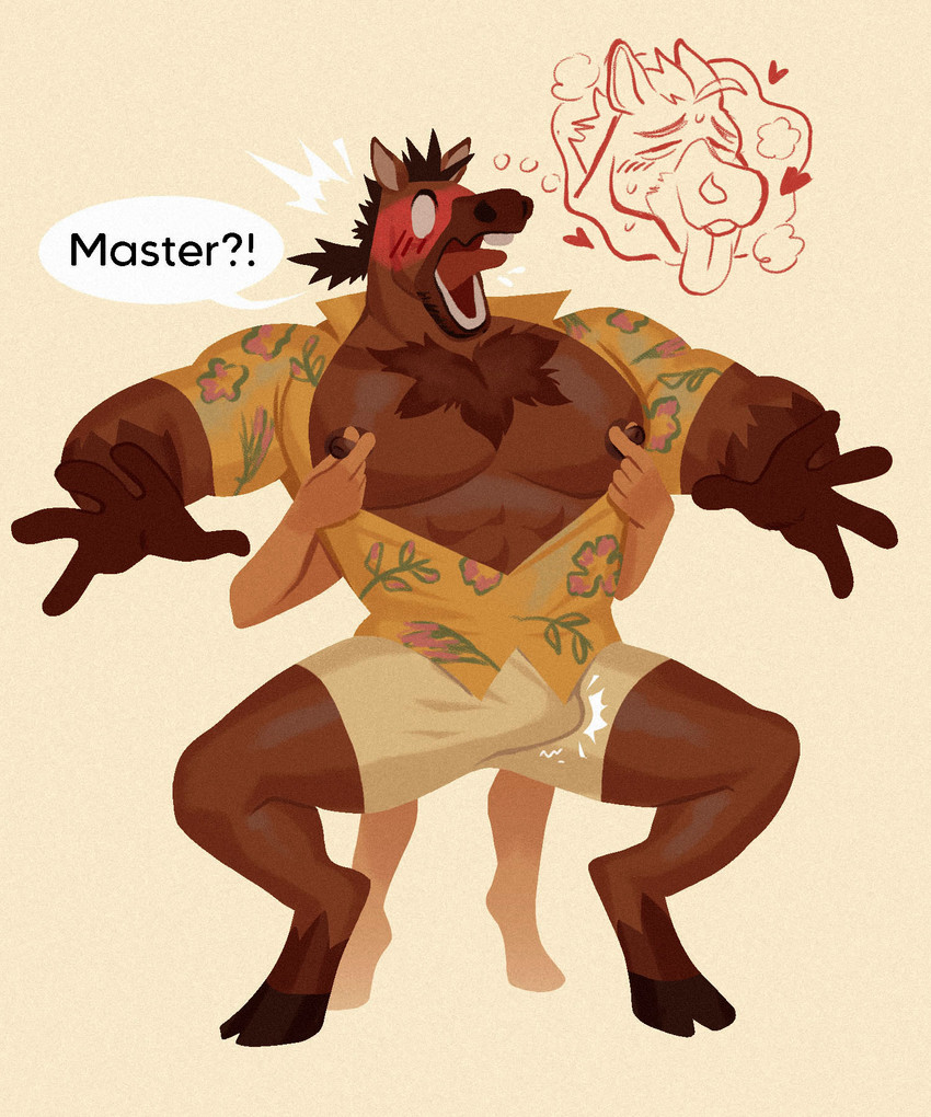 abs after_transformation ahegao anthro aroused behind_another big_muscles big_pecs blush blush_lines bodily_fluids body_hair brown_body brown_fur bulge chest_hair clothing collared_shirt dialogue digitigrade dress_shirt duo embarrassed erection erection_under_clothing erection_under_shorts floral_print fur hooves huge_pecs humanoid_hands light_body light_shorts light_skin looking_pleasured male muscular muscular_anthro muscular_male nipple_fetish nipple_pinch nipple_play pecs pinch raised_arms shirt shocked short_sleeves speech_bubble standing standing_behind steam sweat teeth text thought_bubble tight_clothing tiptoes tongue tongue_out topwear tremble_spikes white_eyes wide_eyed yellow_clothing yellow_shirt yellow_topwear caldatelier philippine_mythology equid equine horse human mammal tikbalang werecreature wereequine werehorse 2026 5:6 colored digital_drawing_(artwork) digital_media_(artwork) english_text hi_res shaded