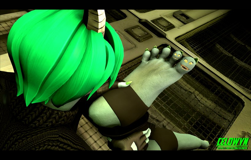 2_horns 5_toes anthro barefoot black_border black_bottomwear black_clothing black_gloves black_handwear black_pants black_shirt black_topwear blue_body border bottomwear breasts clothing colored_nails feet female fingerless_gloves fingernails foot_grab footwear gloves green_fingernails green_hair green_nails green_toenails group hair handwear horn humanoid_feet inside legwear logo nails open_mouth pants plantigrade shirt short_hair sitting socks soles stirrup_footwear stirrup_legwear stirrup_socks stirrup_stockings stockings text toenails toes topwear transformation white_horn celdwyn_(artist) petruz_(modeler) caryll_(chappey) lizard reptile scalie 2024 3d_(artwork) artist_logo artist_name digital_media_(artwork) hi_res source_filmmaker_(artwork)