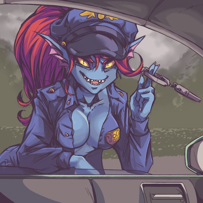 arm_support badge breasts car cleavage clothed clothing cuff_(restraint) delta_rune_(emblem) ear_fins female fin hair handcuffs hat headgear headwear inside_car inside_vehicle leaning_on_elbow looking_at_viewer metal_cuffs open_mouth open_smile police police_badge police_uniform red_hair restraints shackles smile solo symbol uniform vehicle window yellow_sclera plagueofgripes third-party_edit deltarune undertale undertale_(series) undyne animal_humanoid fish fish_humanoid humanoid marine marine_humanoid 1:1 2018 hi_res