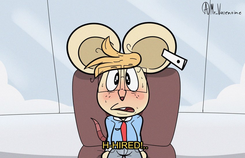 aroused big_ears big_eyes blonde_hair chair clothed clothing eyewear furniture glasses hair horny_face large_nose male office solo suit text mr_valentine00 micke_mousley_(mr_valentine00) mammal mouse murid murine rodent absurd_res hi_res