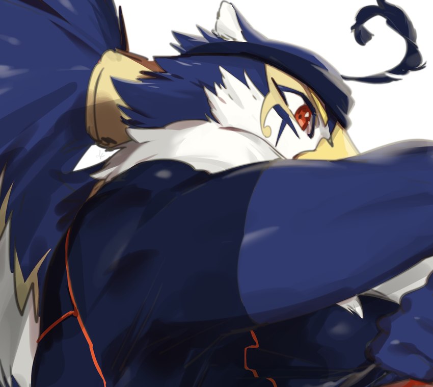 anthro blue_body blue_feathers clothed clothing feathers hair male multicolored_body multicolored_feathers orange_eyes simple_background solo tied_hair topwear two_tone_body two_tone_feathers white_background white_body white_feathers kaiko_003f lifewonders tokyo_afterschool_summoners horus_(tas) avian 2021 colored hi_res