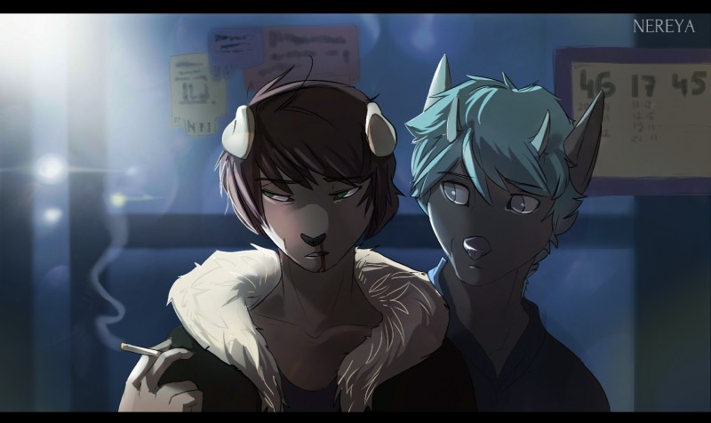 black_bars black_nose blood blue_eyes blue_hair bodily_fluids brown_hair cigarette clothed clothing duo female fur green_eyes grey_body grey_fur hair inside night tiffico tayan wendy mammal hi_res letterbox