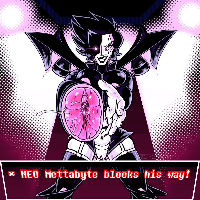 alternate_universe breast_squish breasts crossgender female glowing glowing_eyes hair looking_at_viewer machine not_furry penetrable_sex_toy sex_toy short_hair smile smirk solo spotlight squish text thewill under(her)tail undertale undertale_(series) mettaton_neo humanoid robot 1:1 hi_res