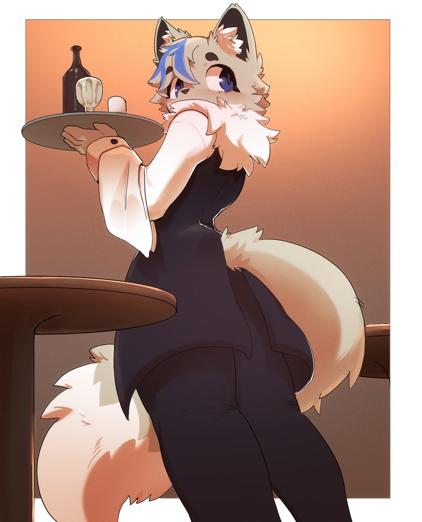 anthro blue_eyes blue_hair clothed clothing codey_(codel1ne) dipstick_tail fluffy fluffy_mane fluffy_tail fully_clothed fur furniture grey_body grey_fur hair looking_away low-angle_view male markings milkyshh simple_background solo standing table tail tail_markings waiter waiter_suit waiter_tray white_tail_tip nintendo pokemon eevee generation_1_pokemon pokemon_(species) 2024 absurd_res digital_media_(artwork) hi_res