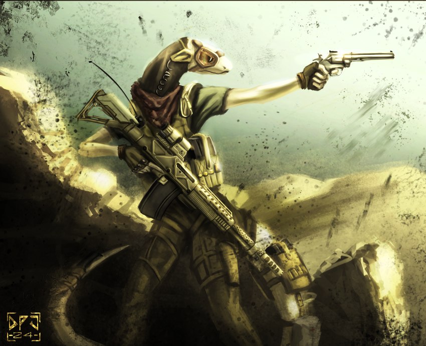 action_scene aiming anthro bloom bulletproof_vest clothing colt_python desert eyewear furgonomics gloves goggles gun handgun handwear hcar headgear knife light military military_clothing operator ranged_weapon revolver rifle ruins scarf solo tail warzone weapon dirtypaperjoe reptile scalie snake 2024 digital_media_(artwork) digital_painting_(artwork) hi_res lighting shaded