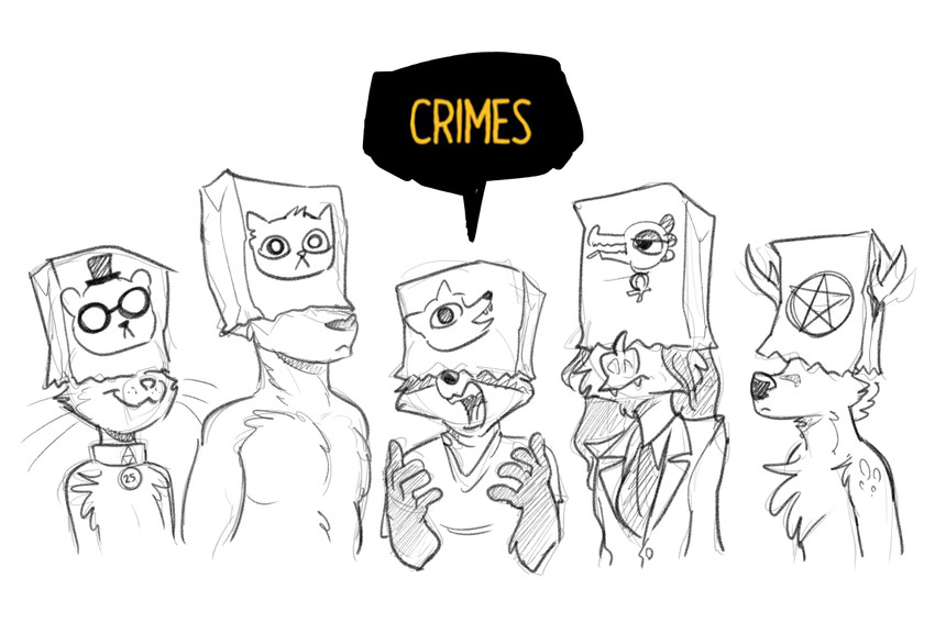 ambiguous_gender anthro clothed clothing collar dialogue group horn mask nude open_mouth paper_bag paper_bag_mask text whiskers conditional_dnp jonas night_in_the_woods jonas_(character) rick_griffin_(character) stoker_bramwell bat canid felid mammal procyonid raccoon 2020 3:2 english_text