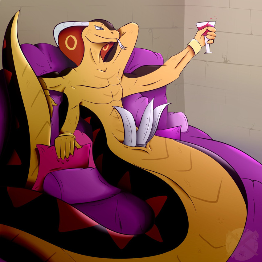 3_penises 4_arms 4_pecs alcohol apode beverage feral forked_tongue genitals holding_wine_glass legless male multi_arm multi_genitalia multi_limb multi_pecs multi_penis pecs penis pillow serpentine solo tongue triphallism welcoming wine captain_kobold cobra draconcopode naga reptile scalie snake 1:1 hi_res