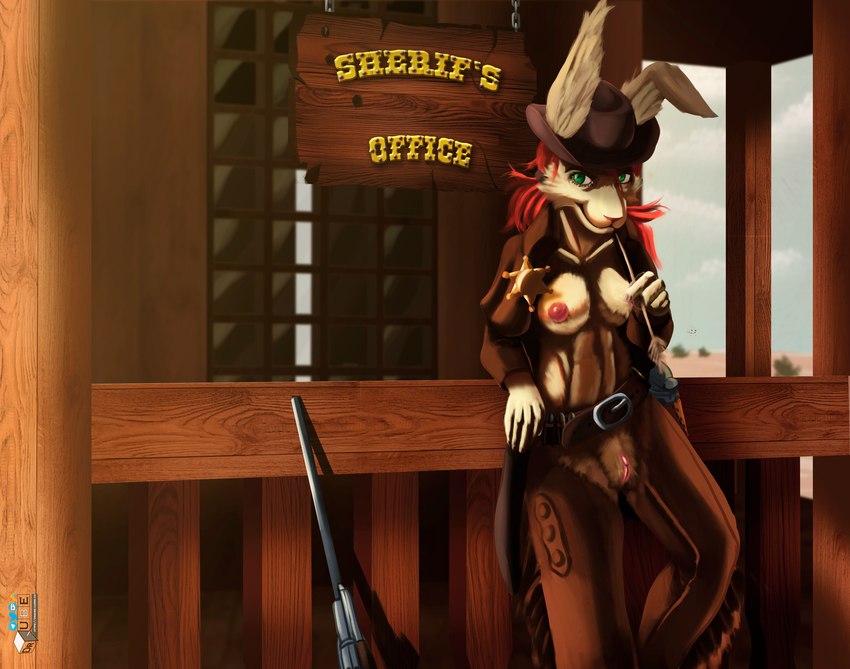 anthro brown_body brown_fur cabin clothing cowboy_hat cowboy_outfit desert female floppy_ears fur genitals green_eyes gun hair handgun hat headgear headwear ineffective_clothing looking_at_viewer nipples ponytail pussy ranged_weapon reclining red_hair revolver revolving_rifle rifle sheriff sheriff_badge solo text weapon drqube lagomorph leporid mammal rabbit absurd_res hi_res