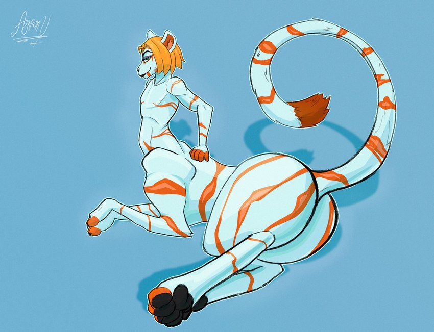 blue_body blue_fur fur green_eyes hair male multicolored_body paws red_body red_fur red_hair shadow simple_background solo white_body white_fur agron_u akemy felid felid_taur mammal mammal_taur pantherine pantherine_taur taur tiger tiger_taur absurd_res hi_res shaded andromorph_(lore)