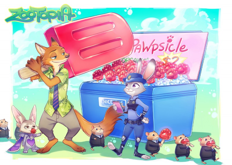 annoyed anthro barefoot claws clothing feet female food frown fur grey_body grey_fur group hat headgear headwear inner_ear_fluff long_ears looking_back male notebook orange_body orange_fur pawpsicle police police_uniform popsicle size_difference smile toe_claws tuft uniform zaku6584 disney zootopia finnick_(zootopia) judy_hopps nick_wilde canid canine cricetid fennec_fox fox lagomorph lemming leporid mammal rabbit red_fox rodent true_fox 2016 comic hi_res