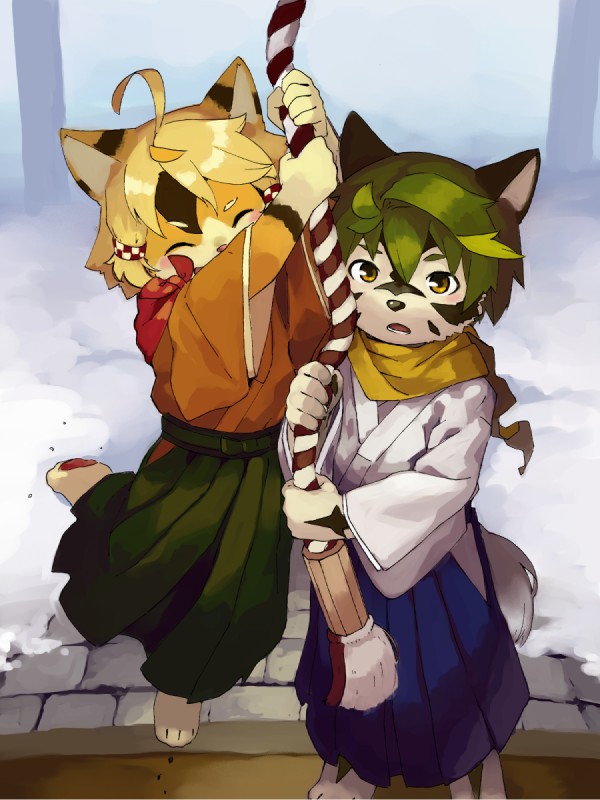 anthro asian_clothing clothing duo east_asian_clothing eyes_closed japanese_clothing kimono male rope standing young young_anthro umani furiorid harvic canid canine canis domestic_cat felid feline felis mammal wolf 2015 3:4 hi_res