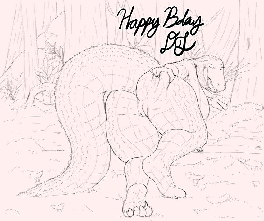 anthro big_butt breasts butt curvy_figure female genitals happy_birthday looking_at_viewer looking_back looking_back_at_viewer non-mammal_breasts nude open_mouth presenting presenting_hindquarters presenting_pussy pussy rear_view smile solo tail thick_tail thick_thighs voluptuous voluptuous_female mcdoogiy olivia_(doctordj) alligator alligatorid crocodilian reptile scalie absurd_res hi_res sketch