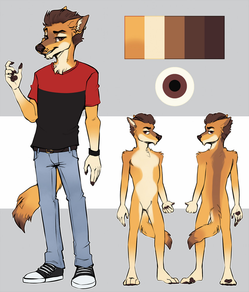 alternative_fashion anthro brown_eyes brown_hair color_swatch ear_piercing fur hair male mohawk orange_body orange_fur piercing punk solo ikazu geoff_grimm canid canine canis coyote mammal hi_res model_sheet