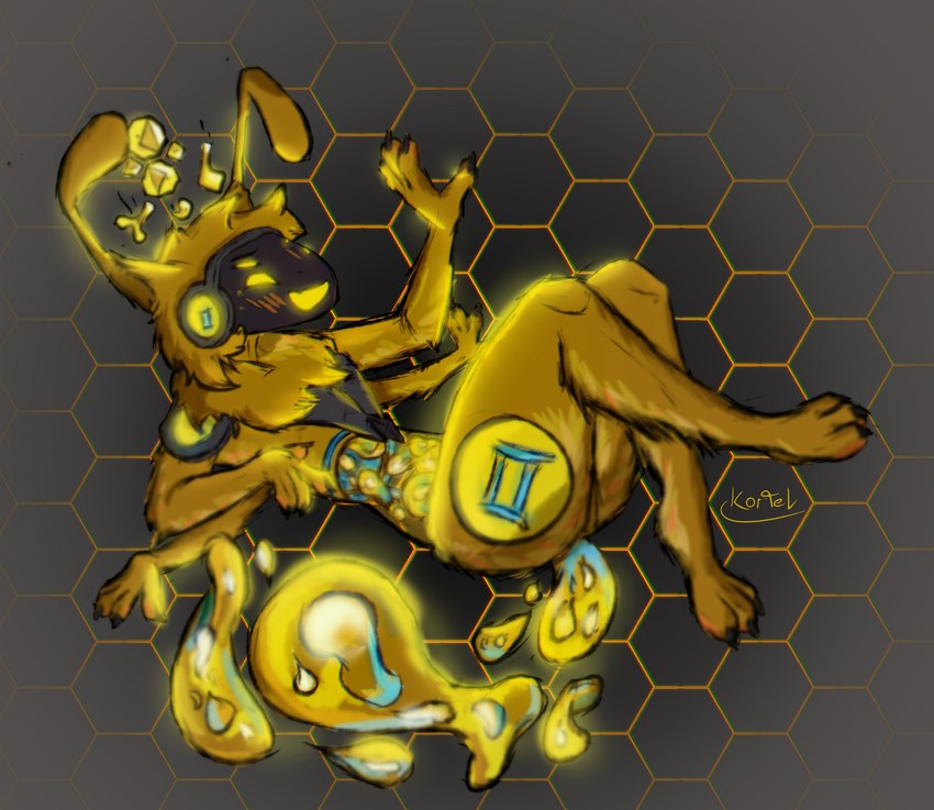 4_eyes 4_hands ambiguous_gender anthro astrological_symbol blush food fur gemini_(symbol) hair honey_(food) honeycomb honeycomb_background machine multi_eye multi_hand multiple_hands open_mouth protogen_visor simple_background smile solo symbol tail transparent_belly visor western_zodiac_symbol yellow_body yellow_eyes yellow_fur koriel d-3342 fan_character arthropod bee hybrid hymenopteran insect protogen robot absurd_res digital_media_(artwork) hi_res