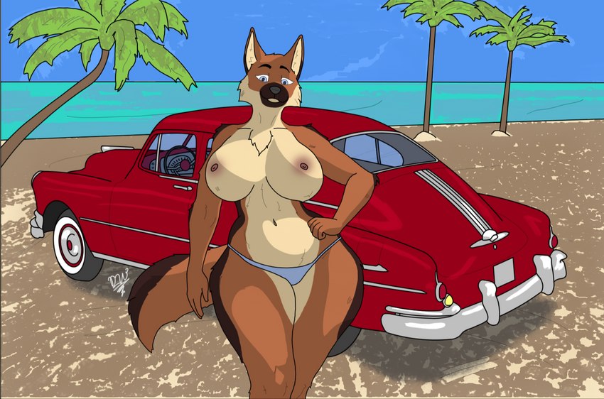 anthro beach big_breasts blue_sky breasts cheek_tuft chest_tuft classic_car clothed clothing curvy_figure detailed_background facial_tuft female fur inner_ear_fluff looking_at_viewer navel nipples palm_tree plant sand seaside sky solo thick_thighs topless tree tuft vehicle voluptuous water wide_hips delta_dewitt general_motors pontiac canid canine canis domestic_dog german_shepherd herding_dog mammal pastoral_dog colored digital_media_(artwork) portrait three-quarter_portrait