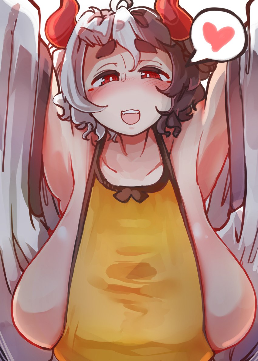 :d big_breasts black_hair blush breasts clothed clothing female hair heart_symbol horn huge_breasts multicolored_hair open_mouth red_eyes smile solo speech_bubble teeth white_hair sabitare touhou urumi_ushizaki animal_humanoid bovid bovid_humanoid bovine bovine_humanoid cattle_humanoid humanoid mammal mammal_humanoid absurd_res hi_res