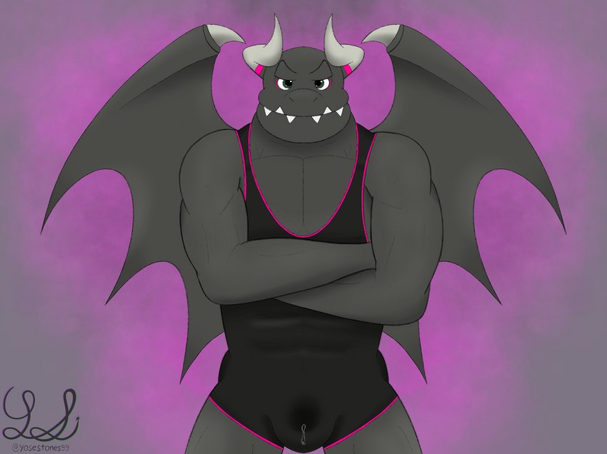 anthro bodily_fluids bulge crossed_arms excited eyebrows genital_fluids horn male precum solo sportswear teeth thick_eyebrows wings wrestling_singlet yose_stones mythology nintendo ring_fit_adventure dragaux dragon mythological_creature mythological_scalie scalie digital_media_(artwork) hi_res procreate_(artwork)