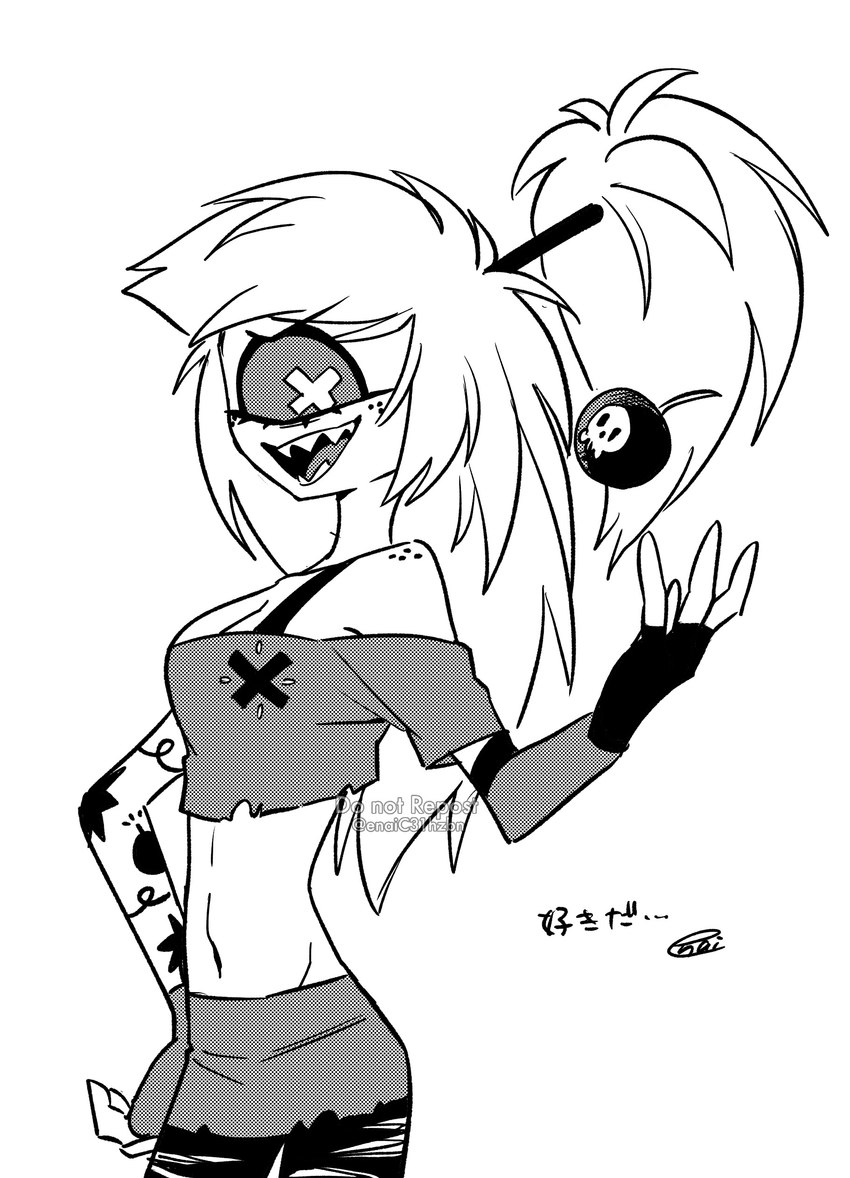 1_eye bomb breasts cleavage clothed clothing do_not_distribute explosives female not_furry solo tattoo text enaic31 hazbin_hotel cherri_bomb_(hazbin_hotel) cyclops demon demon_humanoid humanoid absurd_res hi_res japanese_text monochrome translation_request