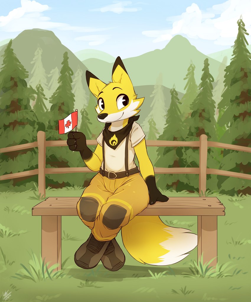 ambiguous_gender anthro bench boots canada canadian_flag clothed clothing cloud day detailed_background dipstick_ears ear_markings firefighter_boots firefighter_uniform footwear fully_clothed fur gloves_(marking) markings multicolored_ears outside plant shoes sitting sky smile solo tail tree uniform waving_flag white_body white_fur yellow_body yellow_fur louart firesmartcanada ember_the_firesmart_fox canid canine fox mammal 2022 5:6 absurd_res digital_media_(artwork) hi_res signature female_(lore)