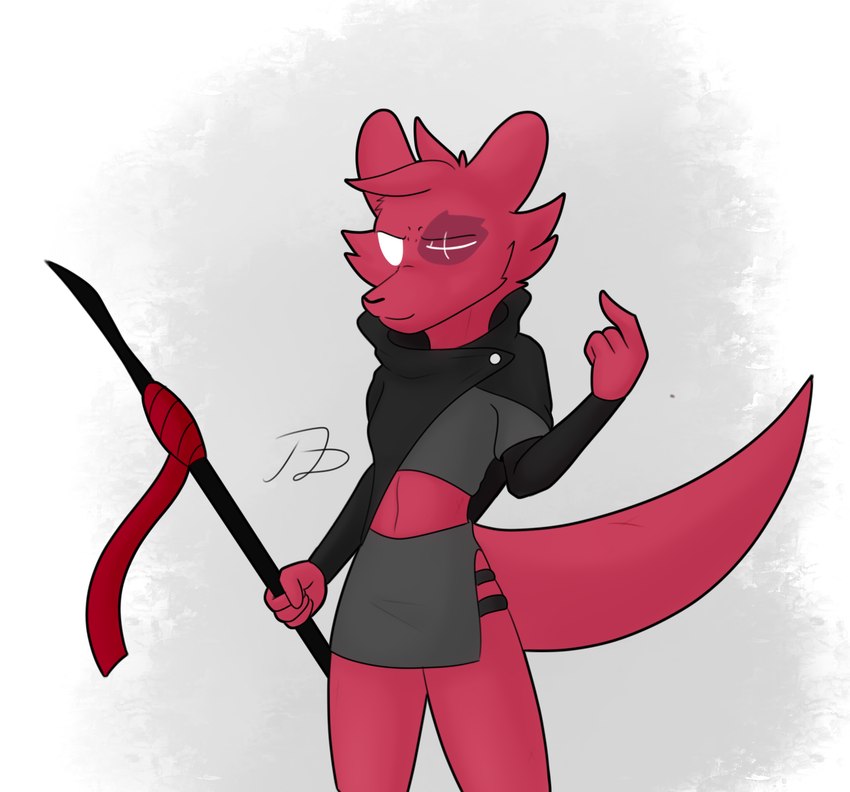 ambiguous_gender anthro asymmetrical_clothing beckoning bottomwear clothed clothing crop_top cropped_topwear crotch_apron empty_eyes eye_scar facial_scar fully_clothed gesture head_tuft loincloth long_tail melee_weapon polearm red_body scar shirt snout solo spear tail three-quarter_view topwear tuft weapon glorydust rain_world videocult artificer_(rain_world) slugcat digital_media_(artwork) hi_res portrait signature three-quarter_portrait