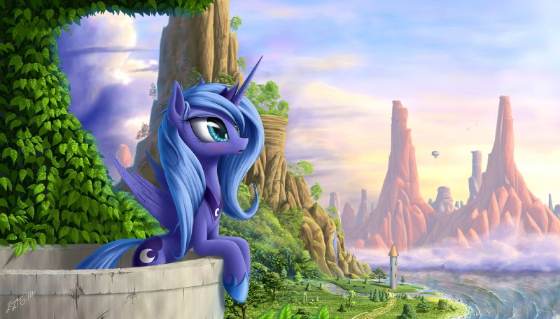 aircraft airship balcony blue_body blue_eyes blue_feathers blue_fur blue_hair cloud crown cutie_mark detailed_background feathered_wings feathers female feral fur hair headgear horn jewelry landscape mountain necklace on_wall outside plant sky solo tower vehicle wings zigword friendship_is_magic hasbro my_little_pony mythology princess_luna_(mlp) equid equine mammal mythological_creature mythological_equine winged_unicorn 2014 2016 digital_media_(artwork) hi_res